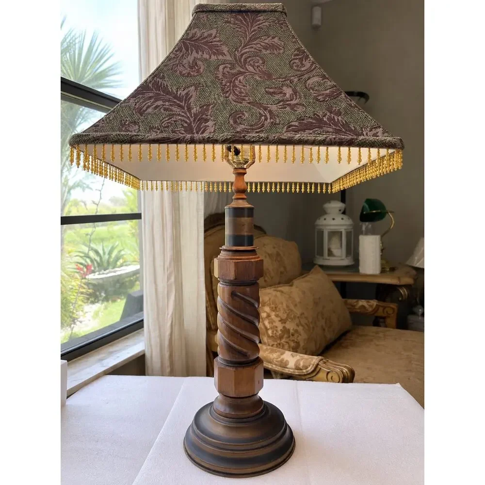 vintage turned-wood table lamp wooden column, paired with shade vintage satin